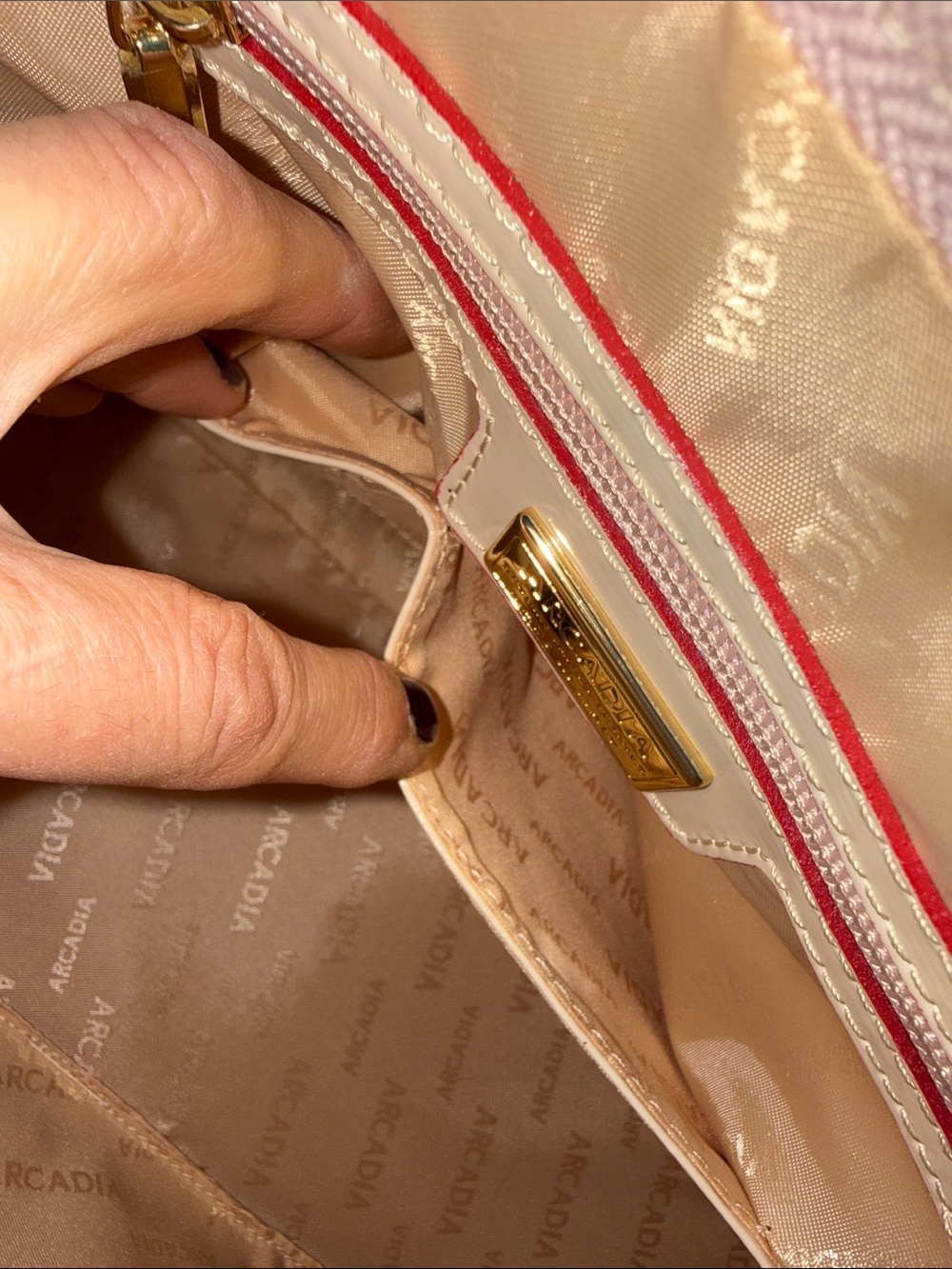 Arcadia Cream Patent Satchel with Red Trim - Picture 10 of 14